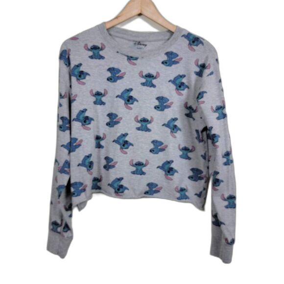 Disney Stitch Long Sleeve Graphic Design Crop Top Womans Size M Gray Cotton - Picture 1 of 8